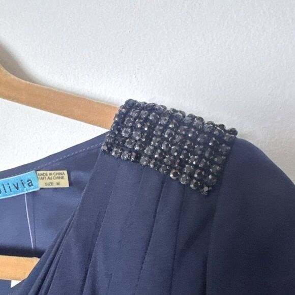 Alice + Olivia Navy Blue Draped Blouse With Beaded Shoulder Embellishment Size M - Picture 5 of 6